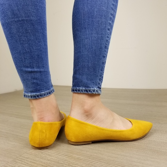 Mustard Yellow Vegan Suede Pointy Toe Flat Shoes - Picture 5 of 8